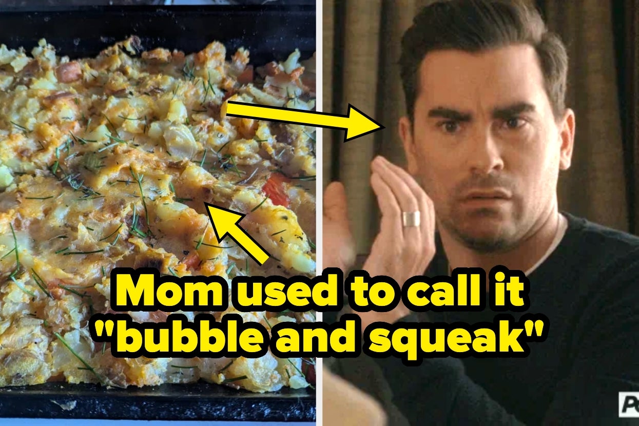 A casserole dish labeled "bubble and squeak" next to a surprised man clapping in a meme format