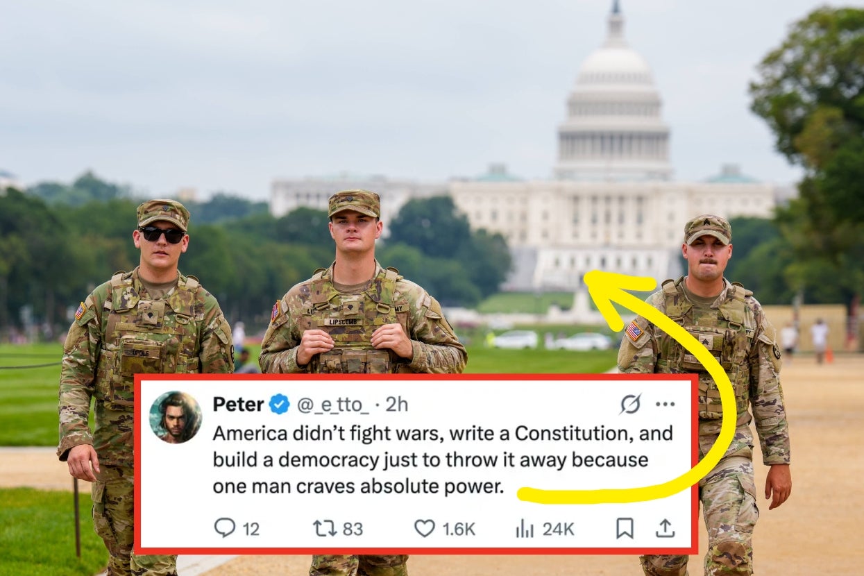Three soldiers walk on a path with the U.S. Capitol in the background. A tweet overlay criticizes undermining democracy for absolute power