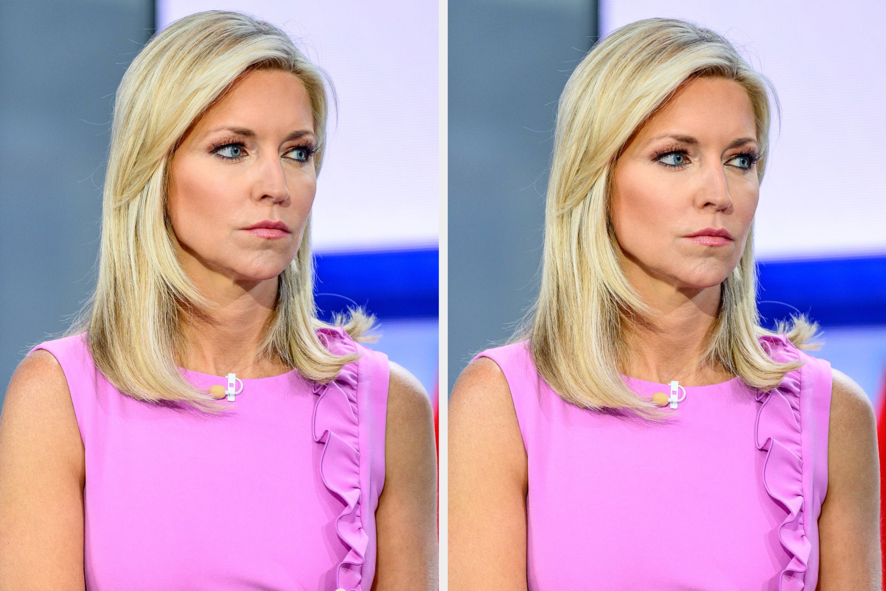 A woman with shoulder-length hair wearing a sleeveless ruffled dress appears thoughtful while seated for an interview