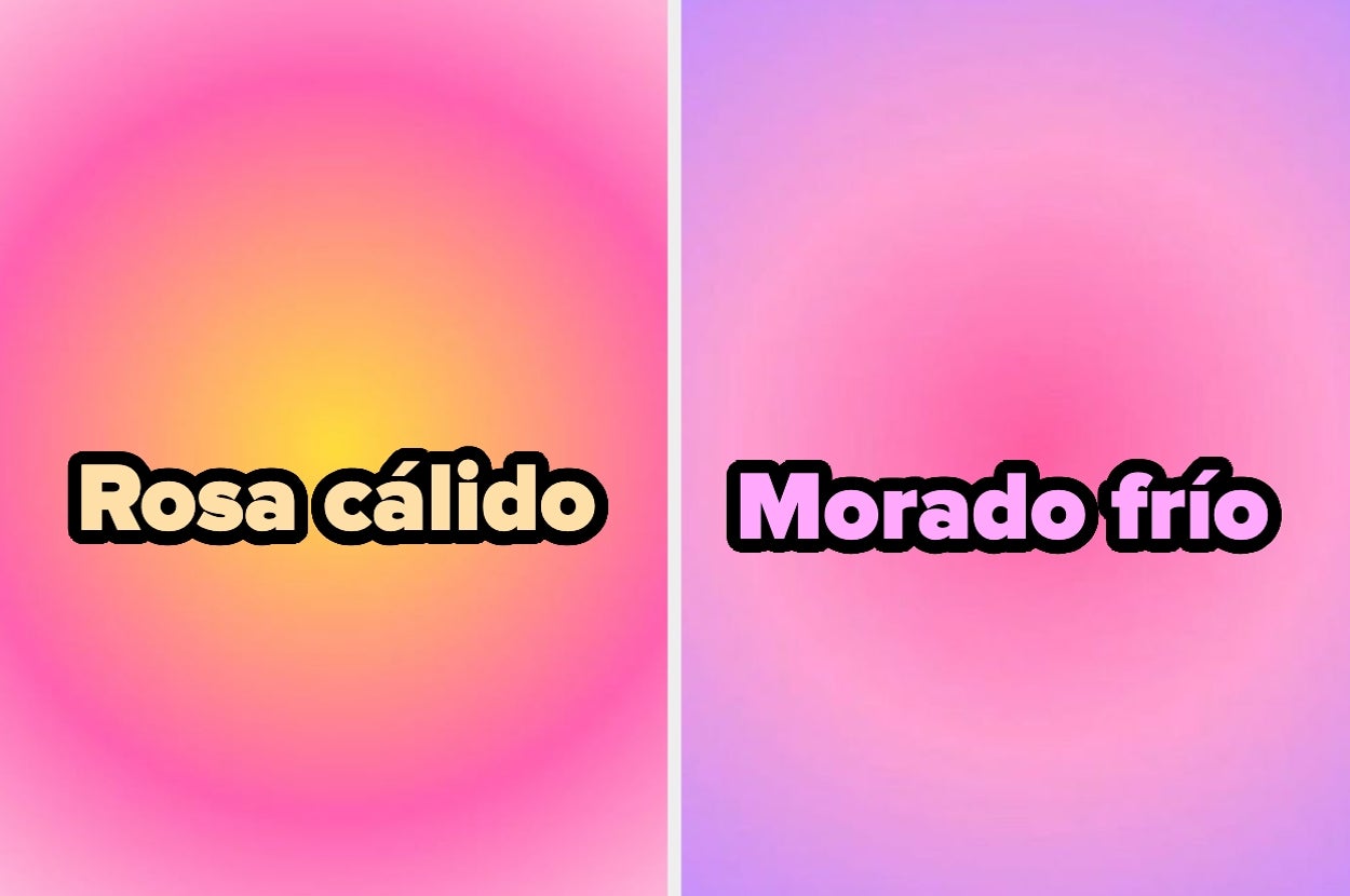 Rosa cálido y morado frío se muestran en un fondo degradado, con texto centrado en cada lado