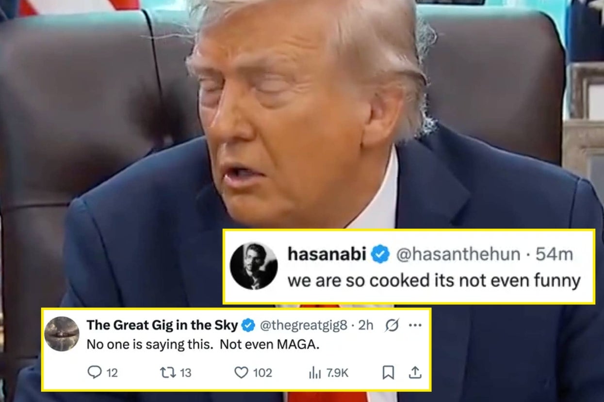 A person seated at a desk, with overlaid tweets discussing political opinions and reactions