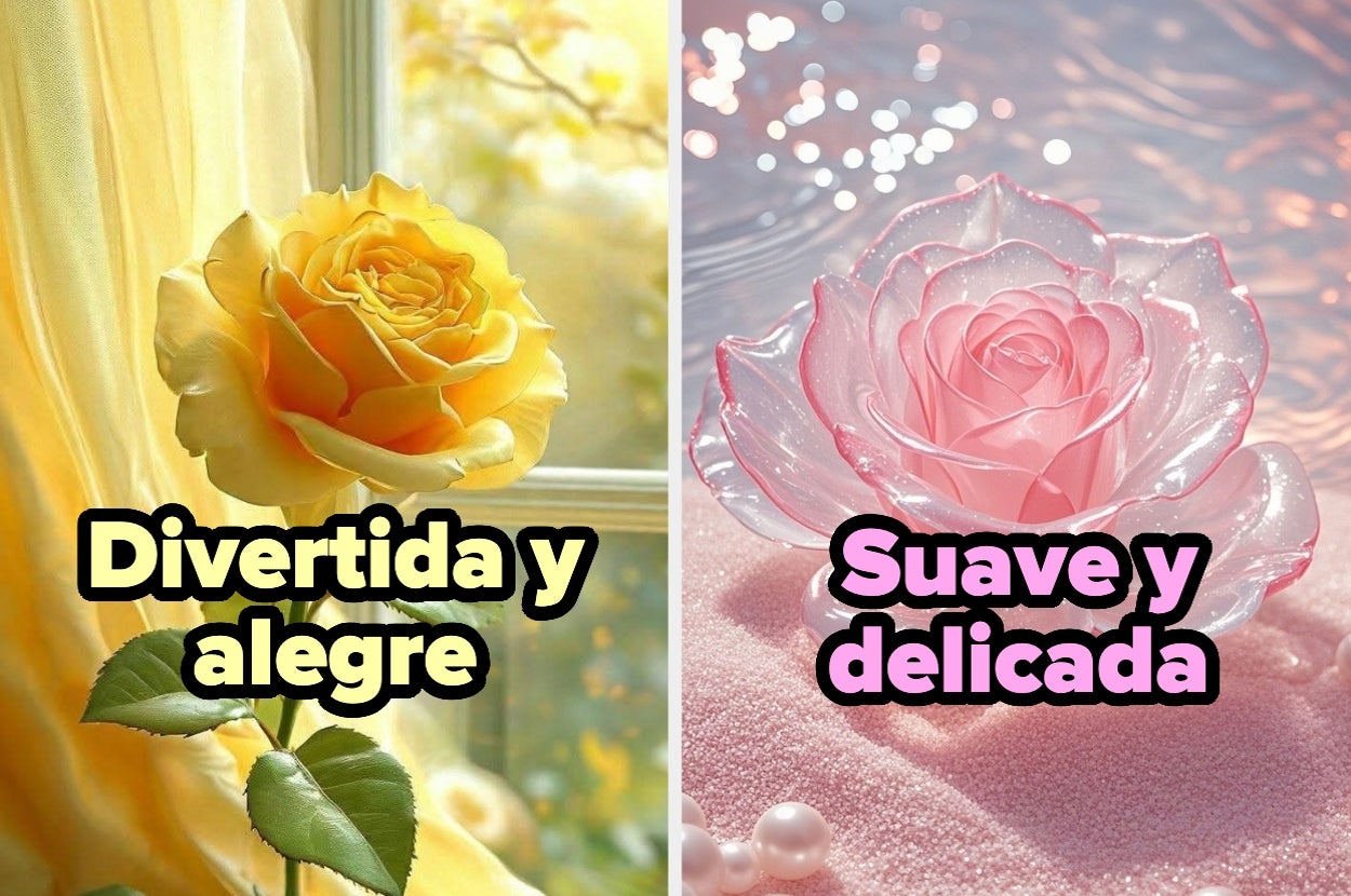 Dos imágenes de rosas con texto. Izquierda: "Divertida y alegre". Derecha: "Suave y delicada"