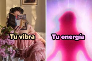 Izquierda: Persona leyendo un libro sobre chakras. Derecha: Silueta con aura brillante. Texto: "Tu vibra" y "Tu energía"