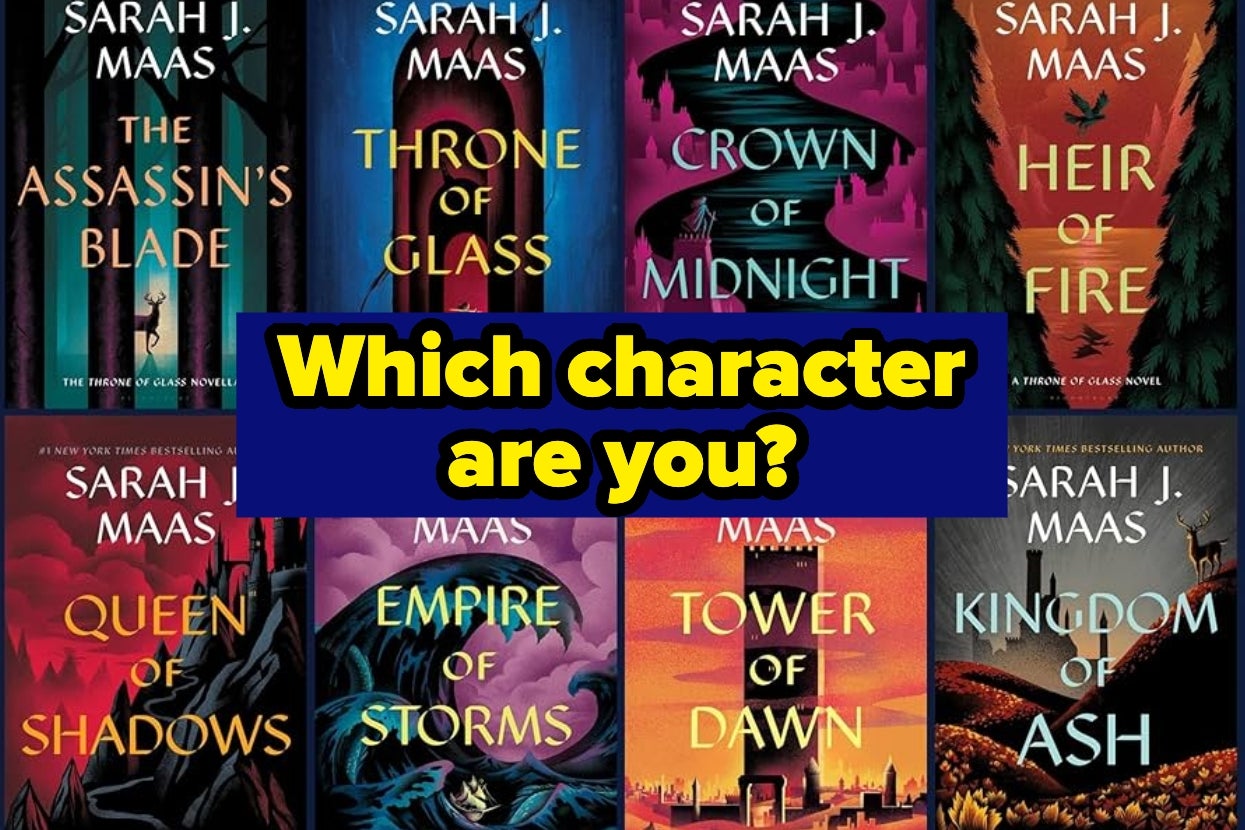 Eight book covers from the "Throne of Glass" series by Sarah J. Maas with the text "Which character are you?" overlaid