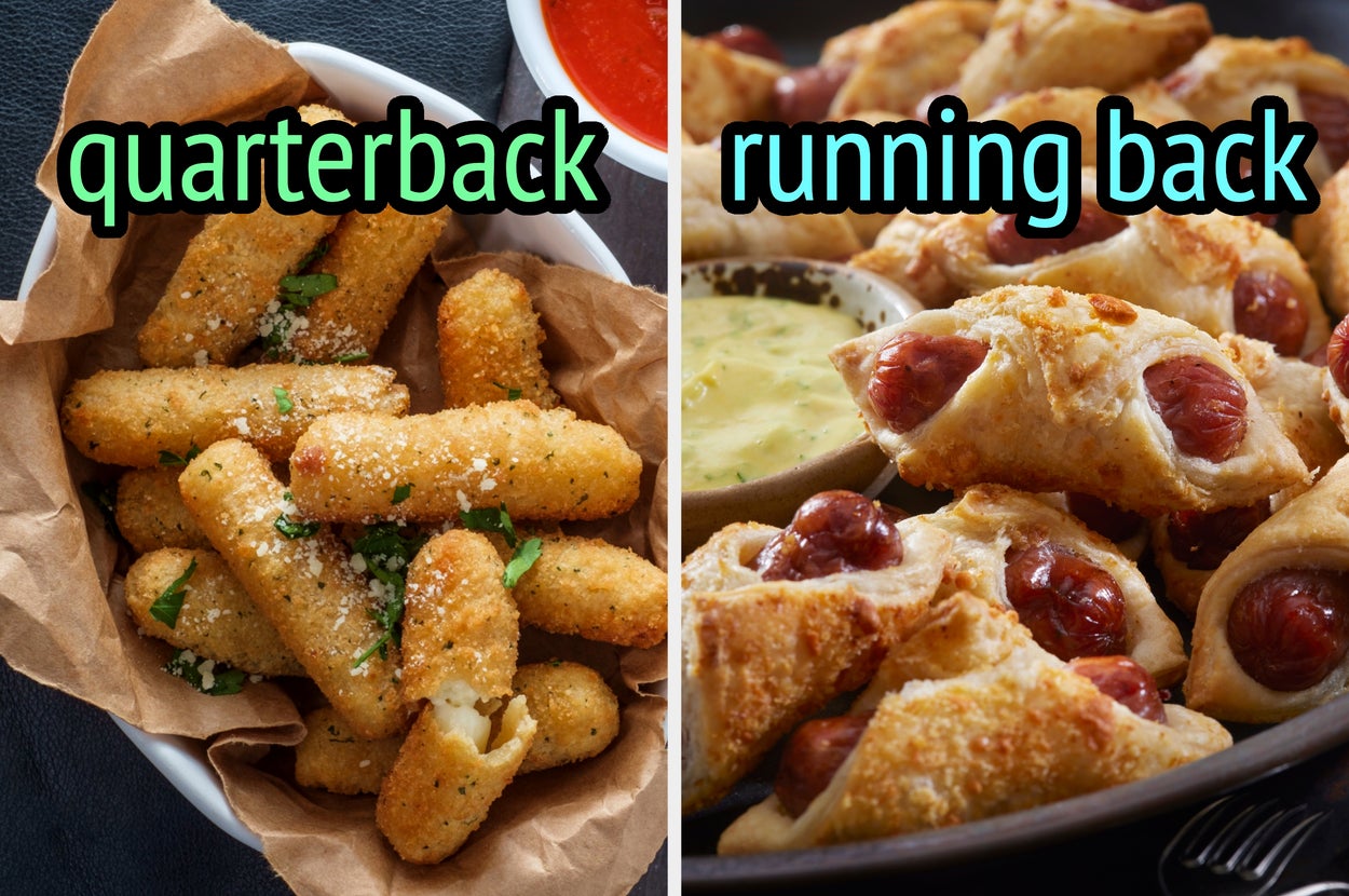 On the left, mozzarella sticks labeled quarterback, ando n the right, pigs in a blanket labeled running back