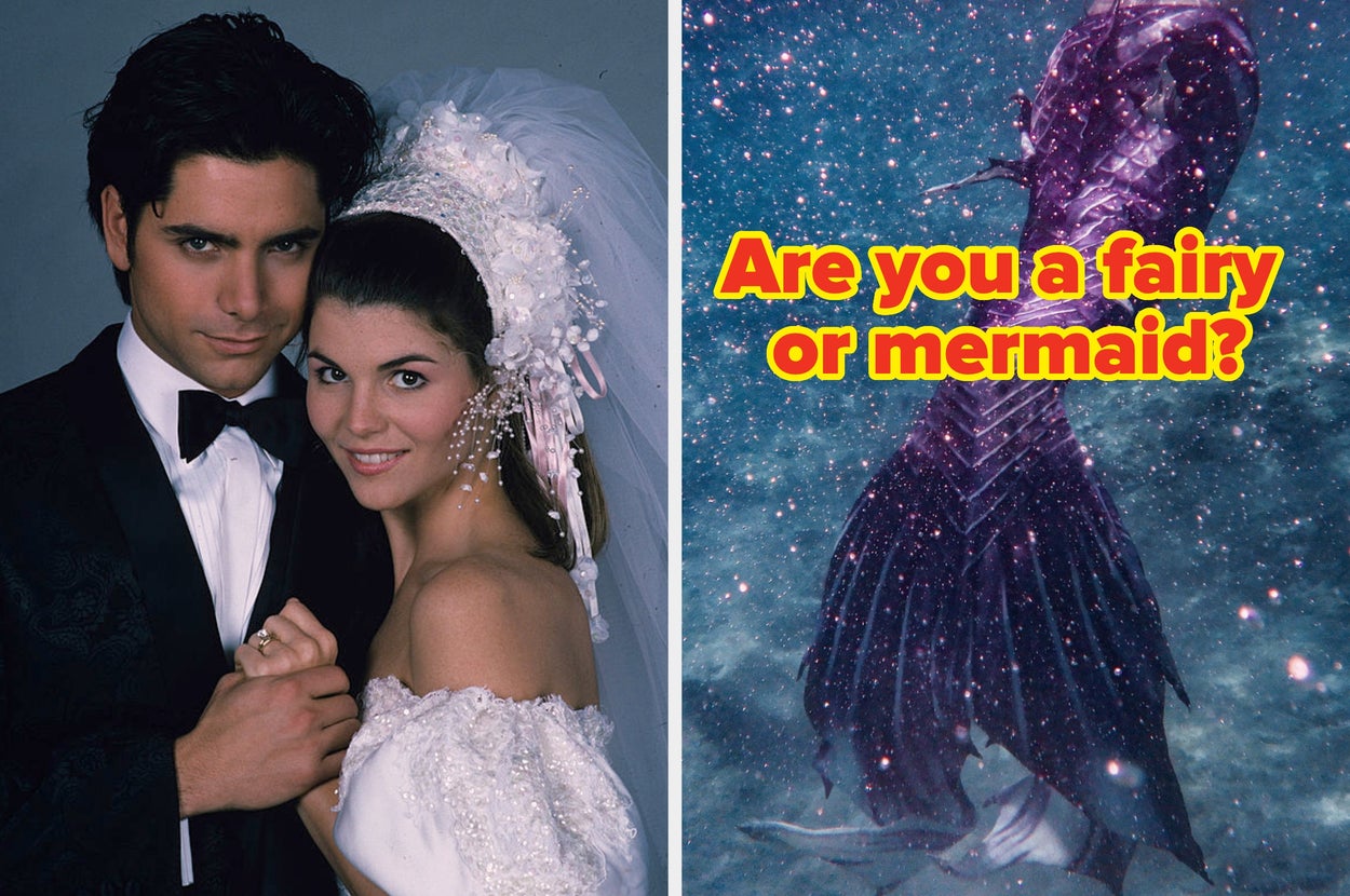 Couple in formal wedding attire next to an underwater scene with a mermaid tail; text asks, "Are you a fairy or mermaid?"