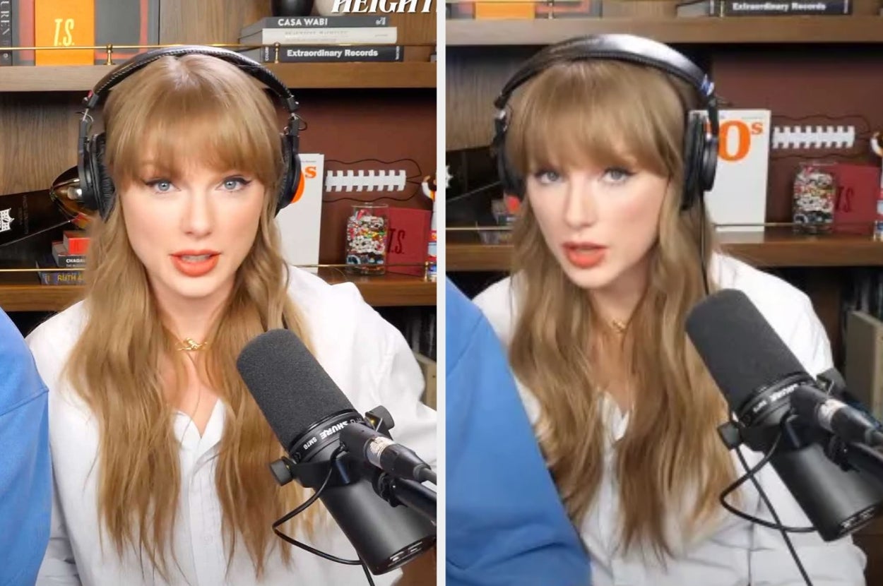 Person with headphones speaks into a microphone, wearing a white shirt. Shelves with books and decor are in the background