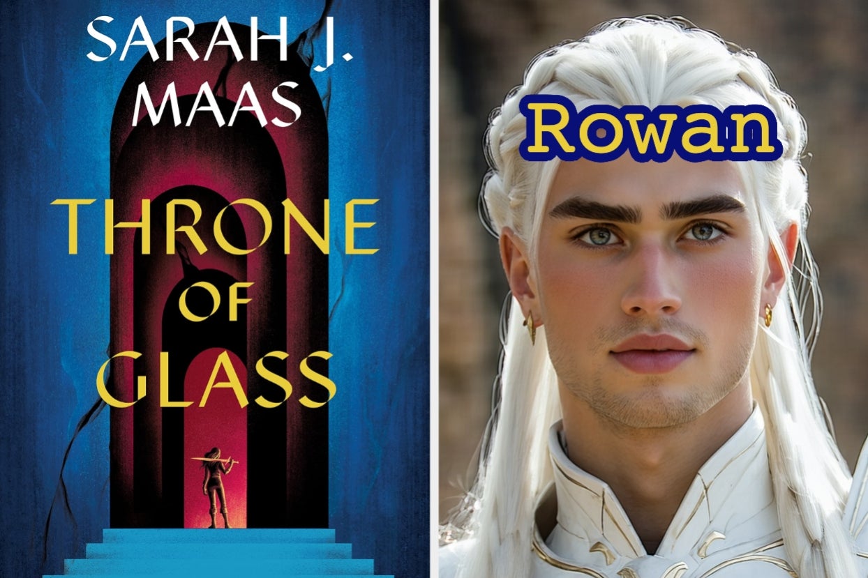 "Throne of Glass" book cover on left; on right, character labeled "Rowan" with long, flowing hair, staring intensely
