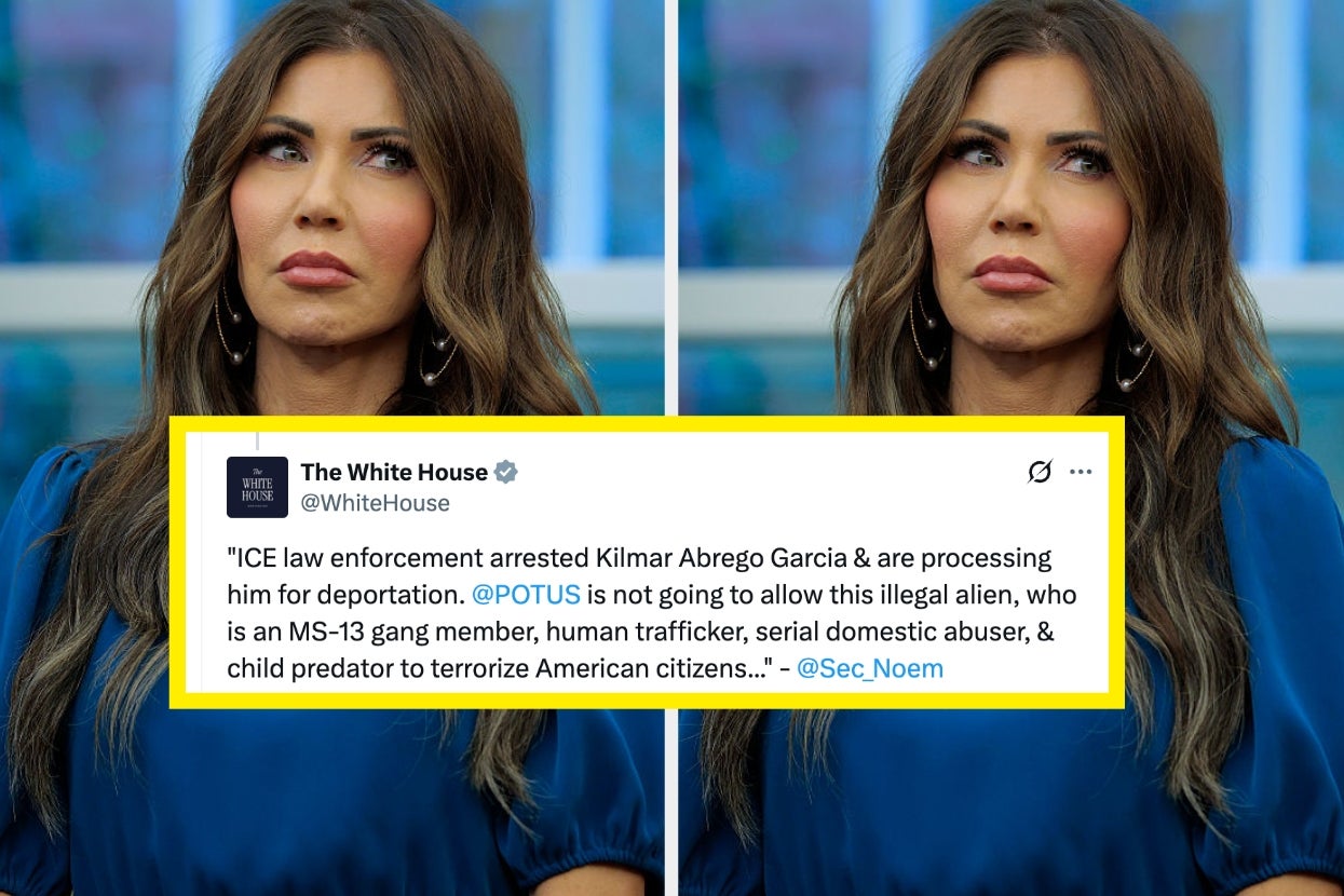 A woman in a blue dress stands attentively beside a tweet on screen discussing the arrest and deportation of Kilmar Abrego Garcia