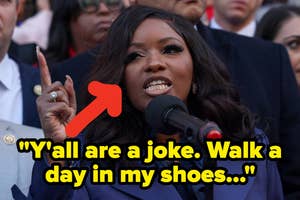Person speaking passionately at a mic with a crowd behind. Text overlay: "Y'all are a joke. Walk a day in my shoes..."