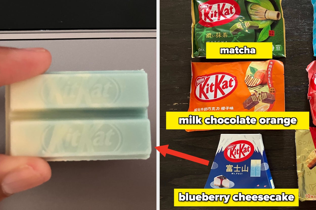 Two white Kit Kat bars on the left; varied Kit Kat flavors like matcha and blueberry cheesecake on the right