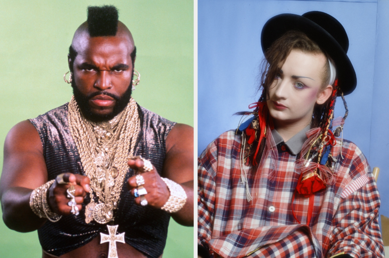 Two iconic 1980s figures: one in a sleeveless top with layered chains, the other in a checkered shirt with eclectic accessories and a hat
