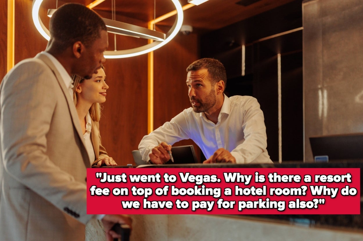 A hotel front desk scene with three people interacting; overlaid text humorously questions extra resort and parking fees in Las Vegas
