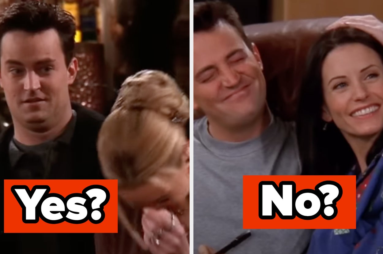 Two images: Left shows a man and a laughing woman with "Yes?" Right shows a happy man and woman with "No?" suggesting a comedic or ironic scenario