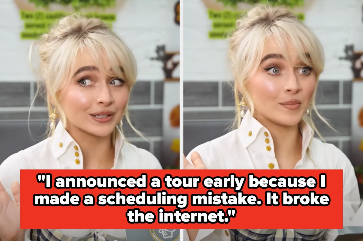 A person with blonde hair looks surprised. Text below says: "I announced a tour early because I made a scheduling mistake. It broke the internet."