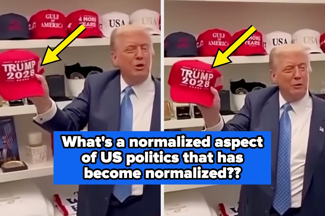 A person holds a "TRUMP 2028" hat. Text asks about a normalized aspect of US politics