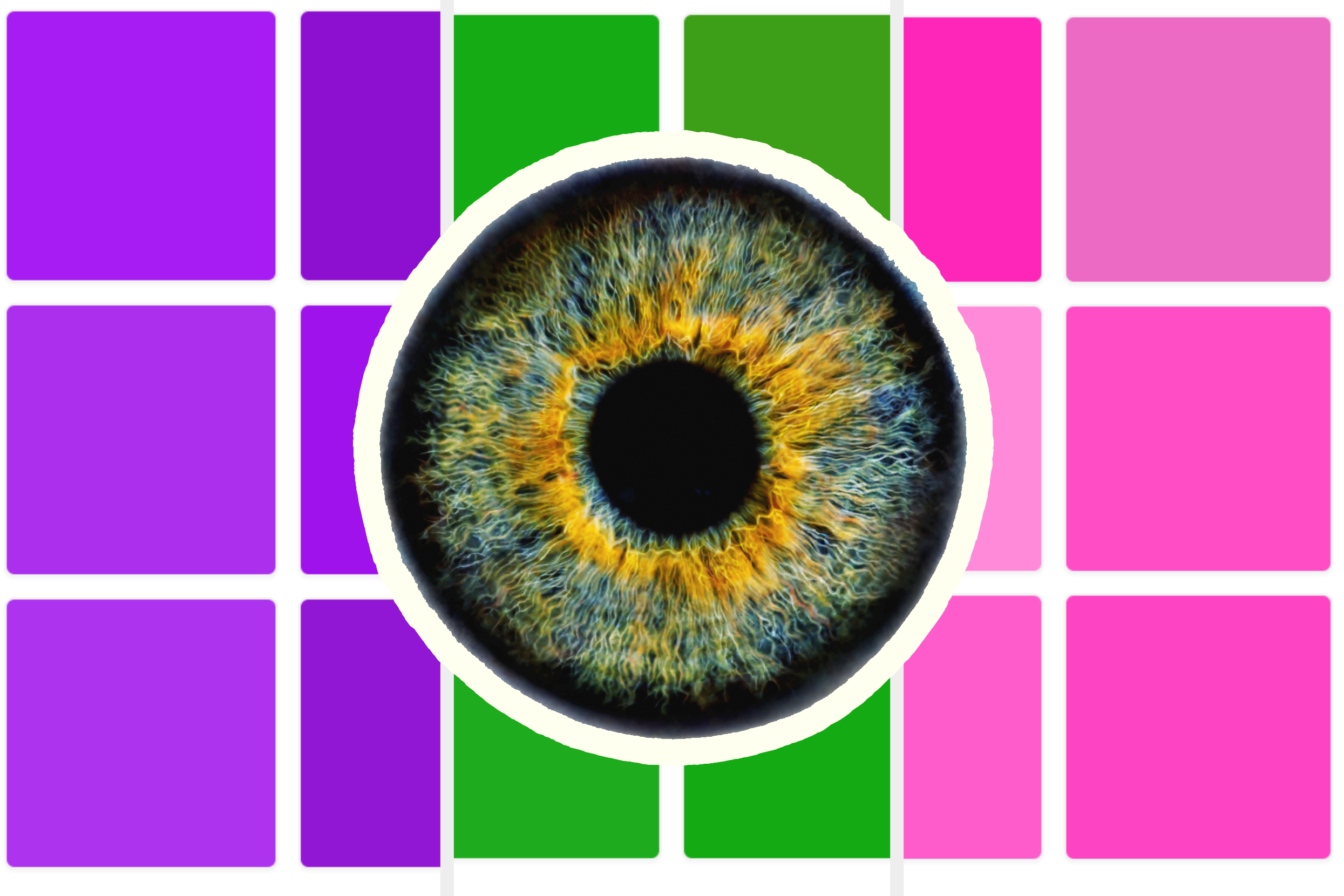 Close-up of an eye surrounded by colorful geometric patterns, featuring purple, green, and pink squares