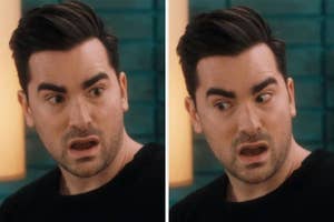 Person with a surprised expression, eyebrows raised and mouth slightly open, shown in two similar images