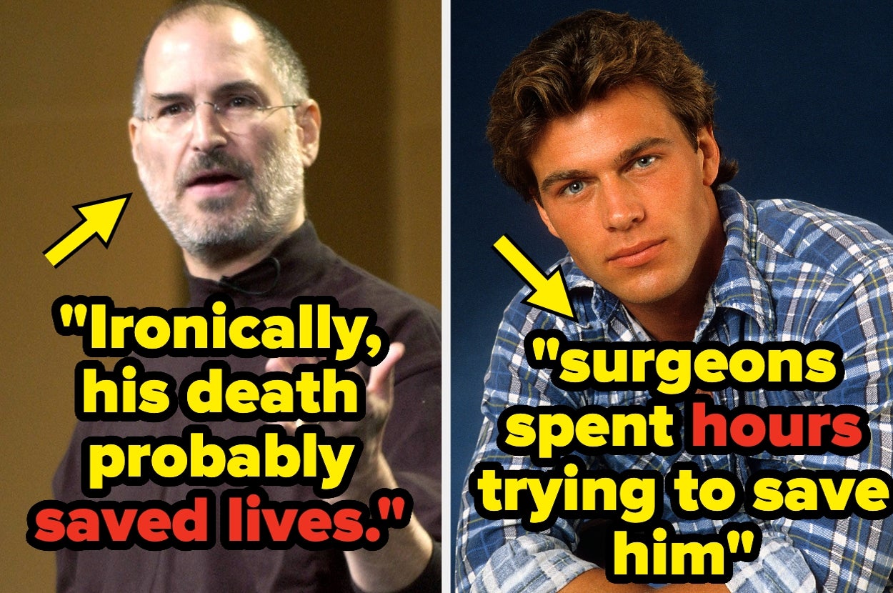 Two images with arrows: Left shows a man speaking with text "Ironically, his death probably saved lives." Right shows a man with text "surgeons spent hours trying to save him."