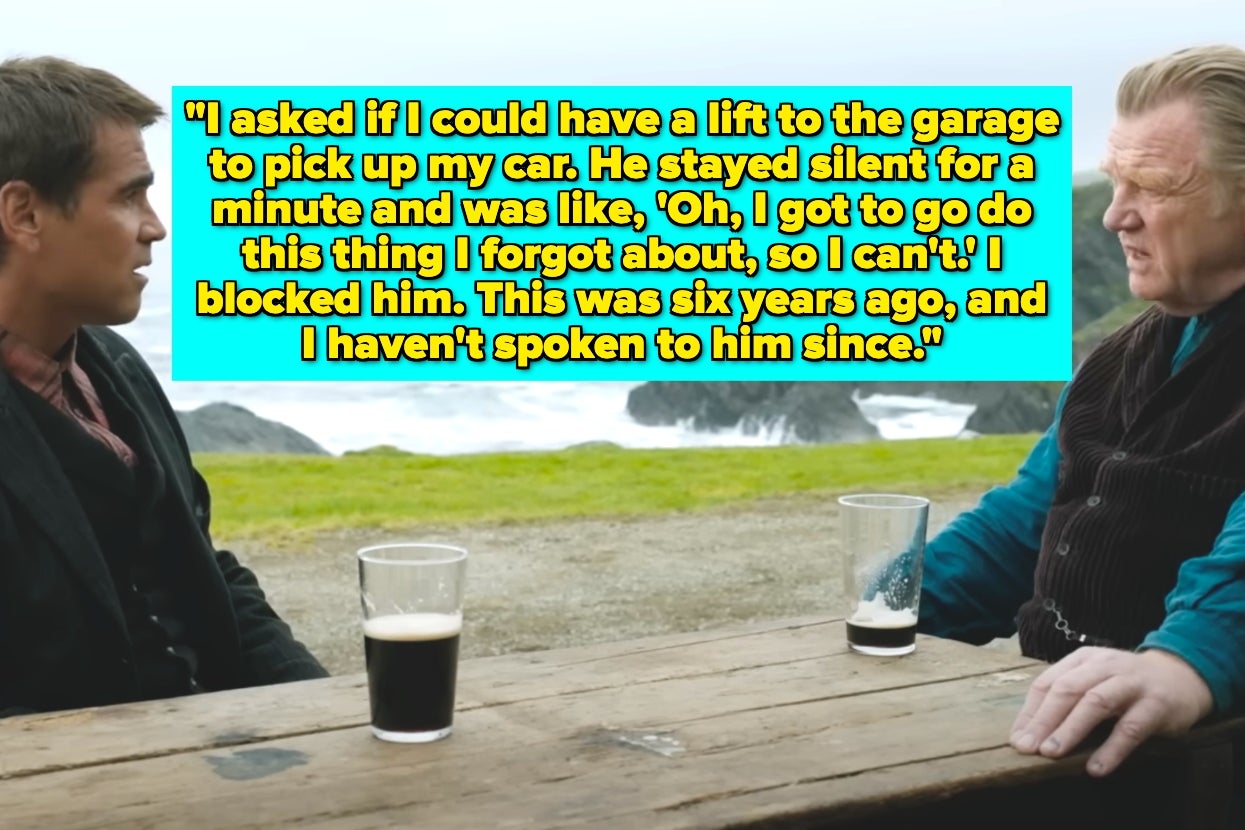 Two people sit at an outdoor table by the sea with drinks. Text: A story about an unspoken six-year grudge over a missed ride