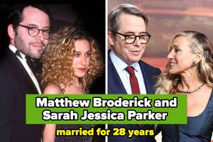 Split image: Left shows Matthew Broderick and Sarah Jessica Parker in formal wear at an event; right shows them smiling at each other. Text reads they’ve been married for 28 years