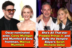 Carey Mulligan poses with Marcus Mumford; Freddie Prinze Jr. with Sarah Michelle Gellar, all in casual attire