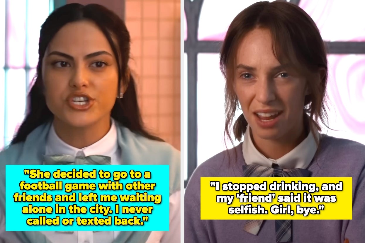 Two women pictured, each with a quote about disappointing friendship experiences: game no-show and unsupportive friend