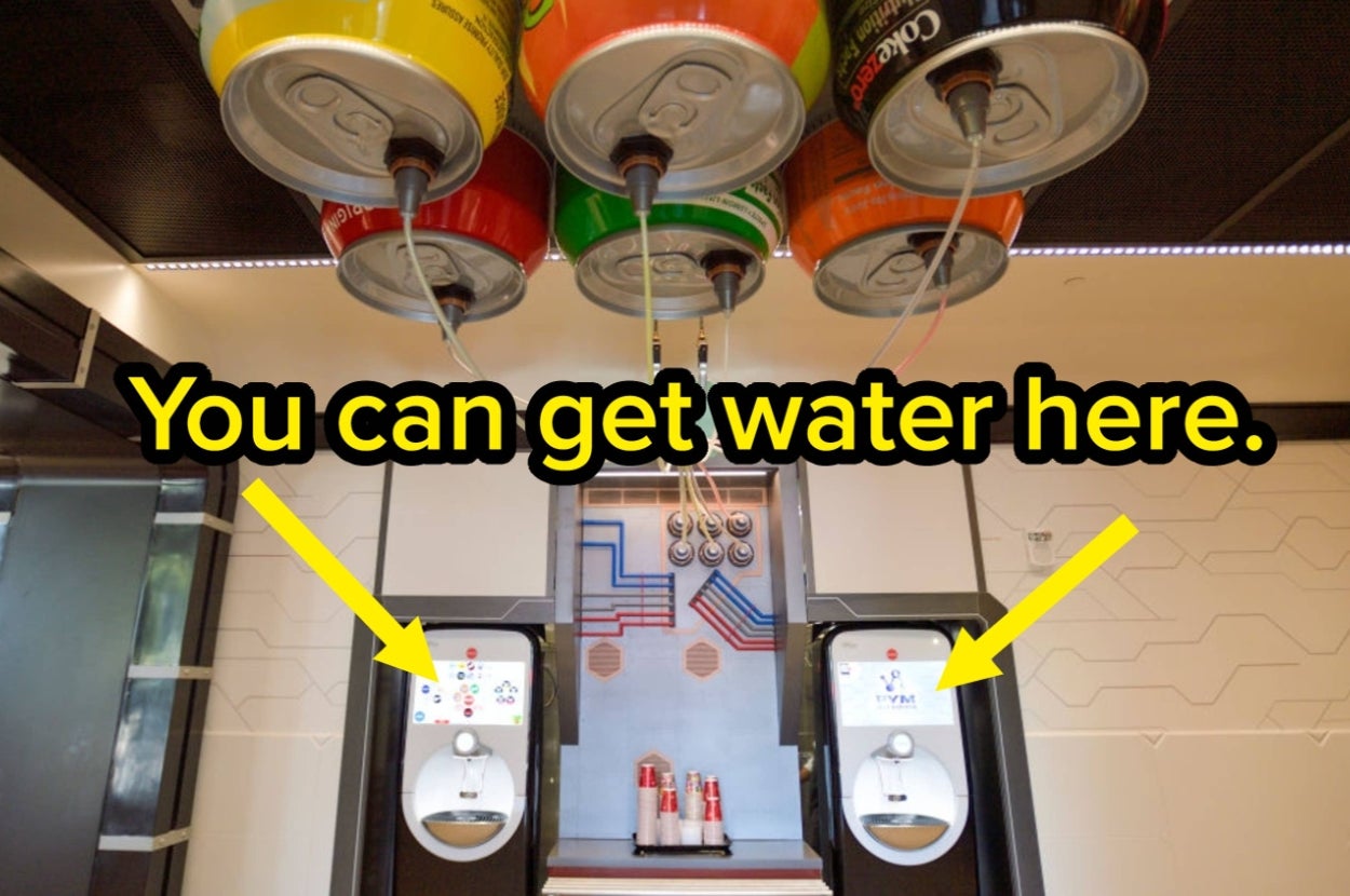 Soda fountain setup with multiple dispensers. Text says, "You can get water here," with arrows pointing to water dispensers