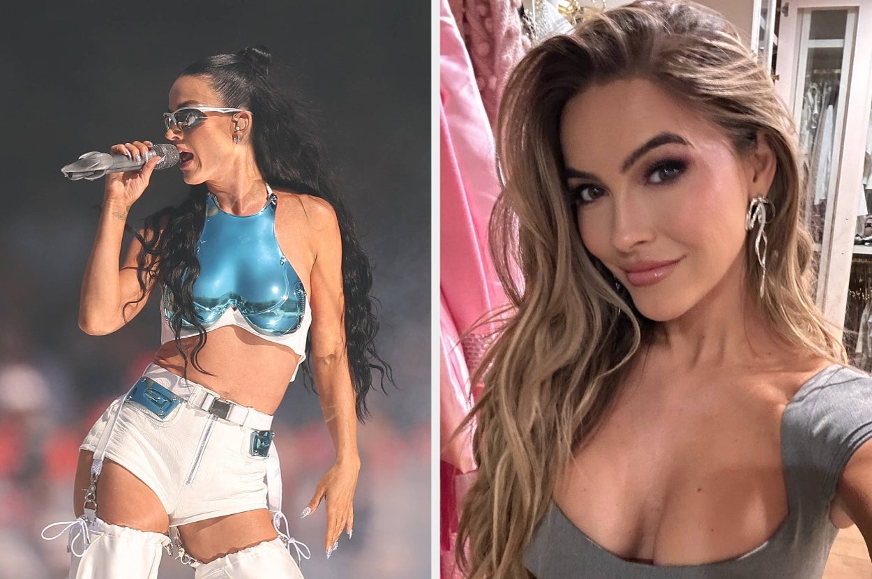Two women: Left, performing in futuristic outfit with metallic accents; Right, posing in casual, fitted top, long wavy hair cascading over shoulders