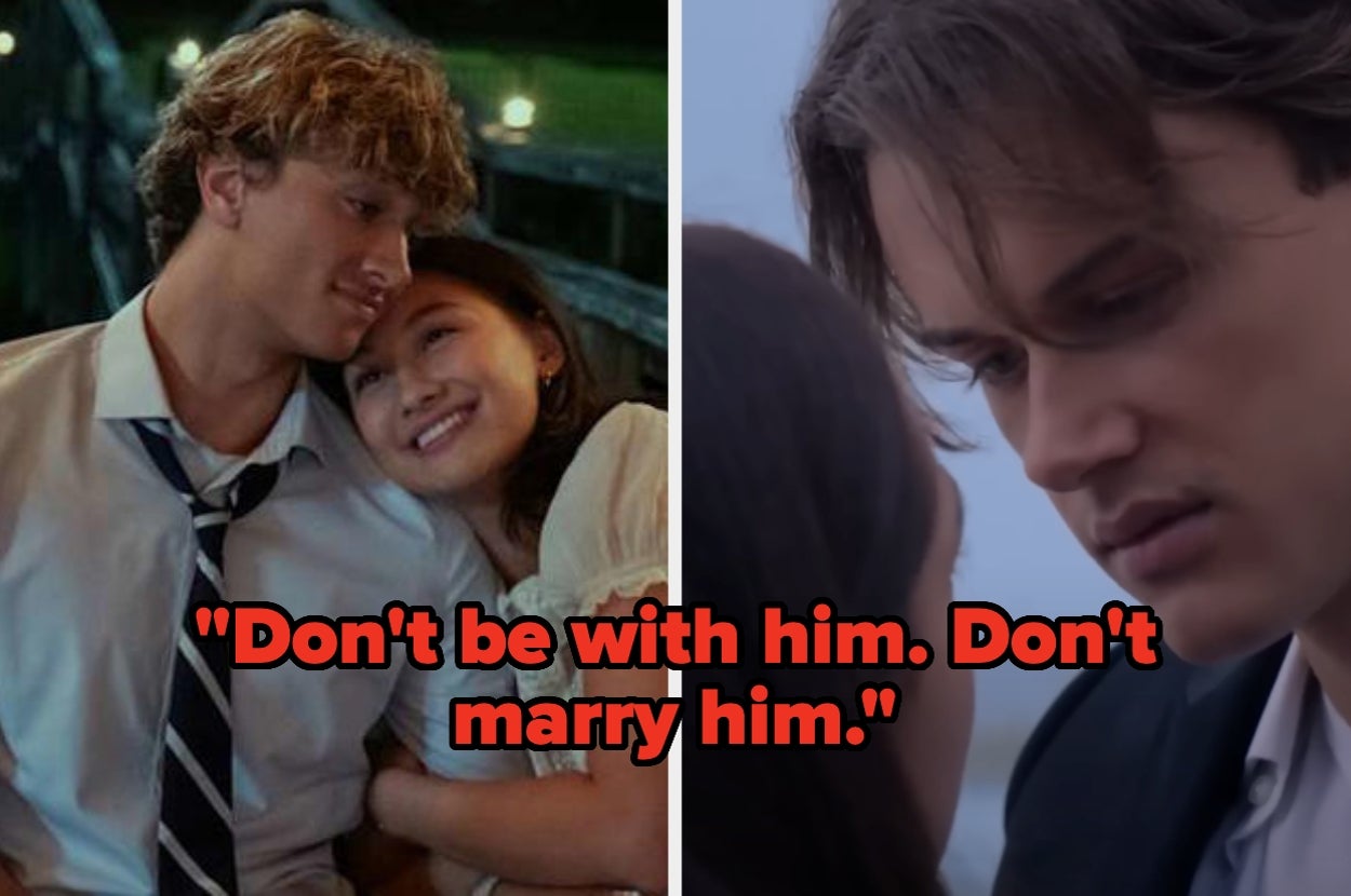 Two romantic scenes from a movie/show separated by a red quote: "Don't be with him. Don't marry him."