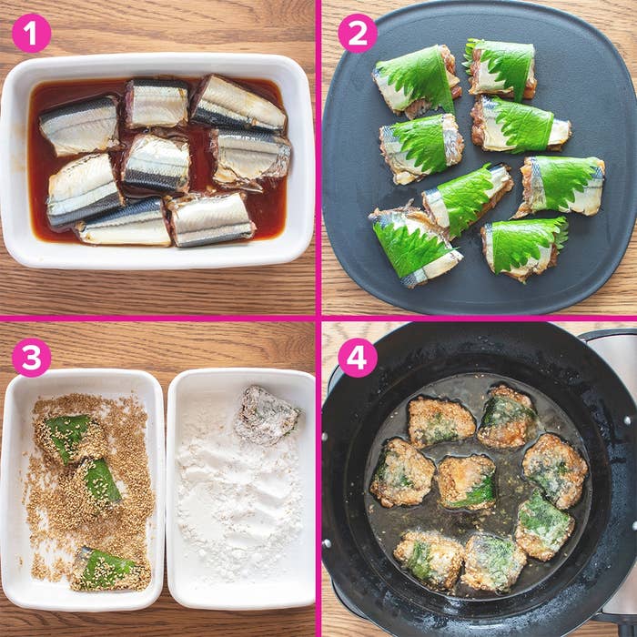 4ステップでアジの大葉巻フライを作る手順。醤油漬け、巻く、衣を付ける、揚げるプロセスが並ぶ調理写真。