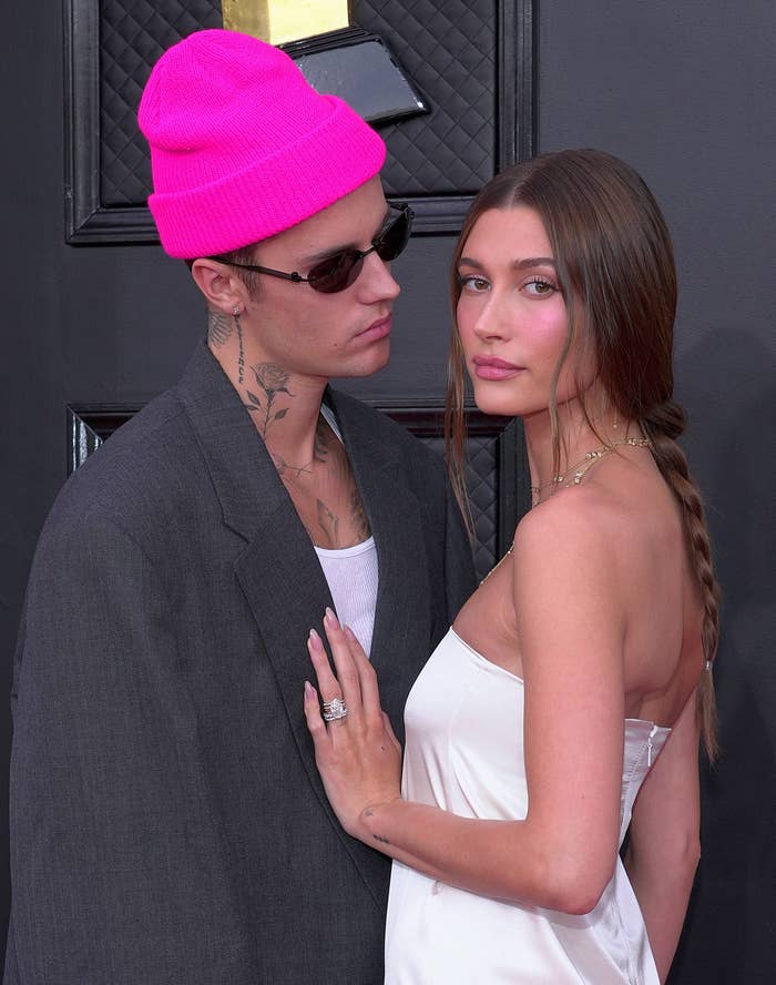 Justin and Hailey Bieber connected a reddish carpet