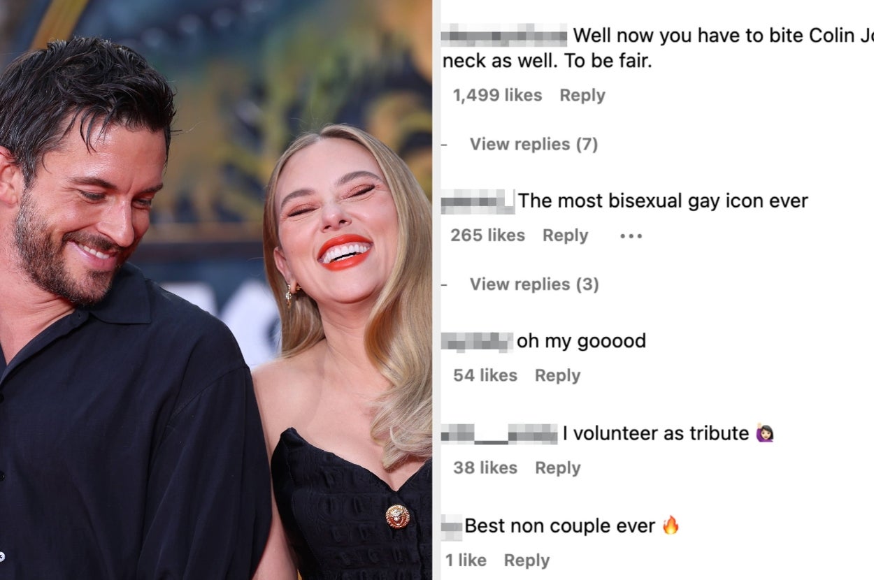 Left: Jonathan Bailey and Scarlett Johansson smiling at an event. Right: Instagram comments show people reacting to a PDA photo of the pair
