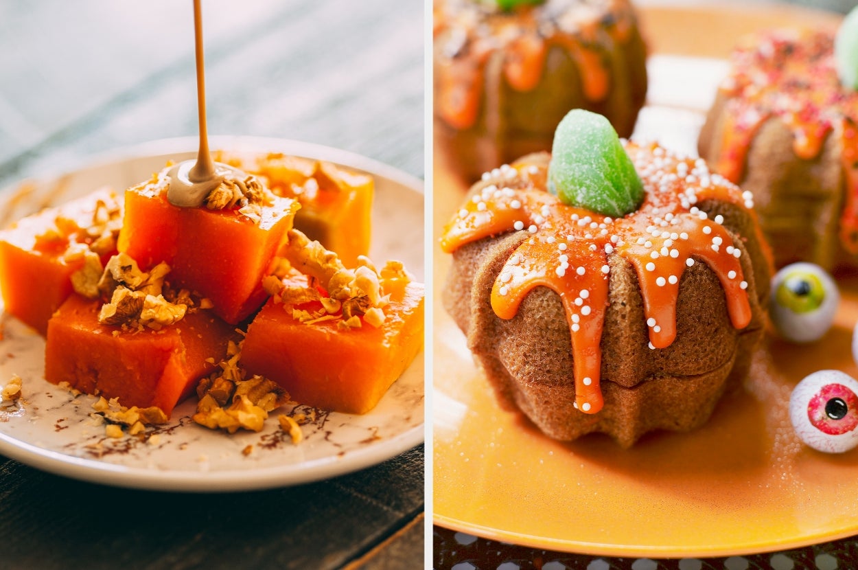 Left: Cubed dessert topped with walnuts and sauce. Right: Bundt cakes with icing, sprinkles, and candy decorations on a plate
