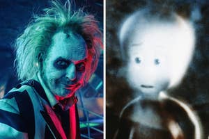 On the left, a figure with wild hair and a striped suit looks at the camera. On the right, a ghost-like character with a surprised expression