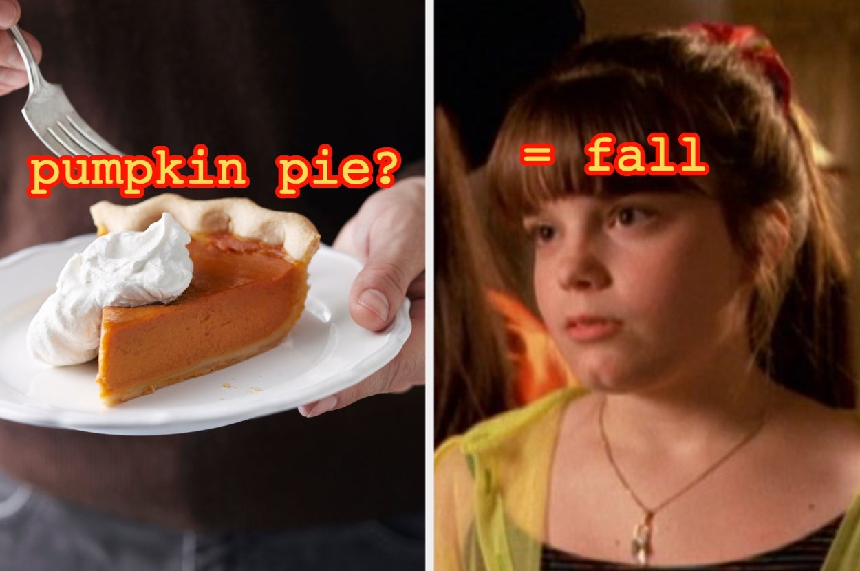 On the left, a person holds a plate with pumpkin pie and whipped cream. On the right, a girl wearing a necklace has "fall" superimposed on her forehead