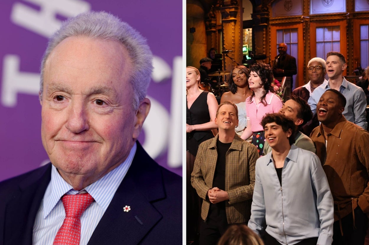 Left: Elderly man in a suit and tie. Right: Group of people, including casually dressed individuals on a set, singing or speaking in unison