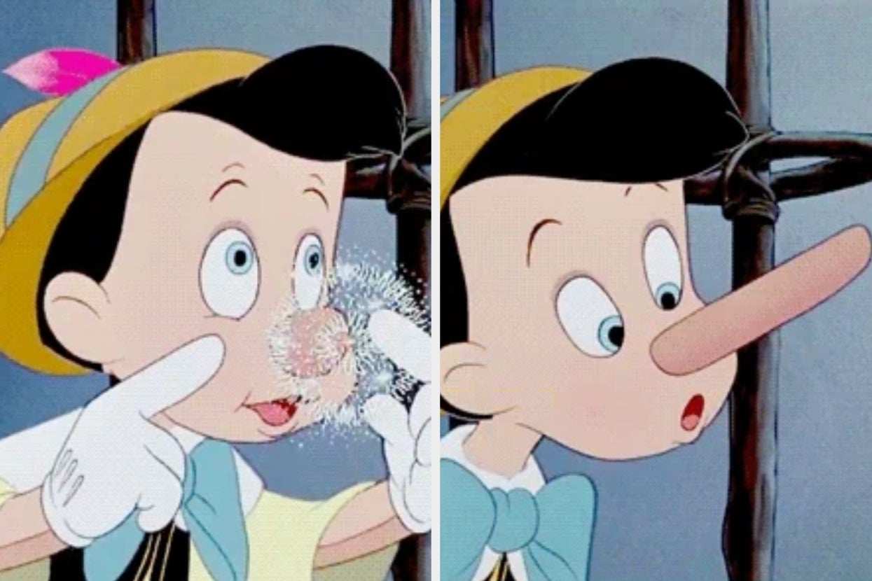 Pinocchio, touching a puffball in one panel, has his nose grow in the next panel, representing the classic tale of lying