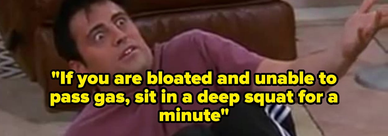 Person looks shocked while sitting on the floor. Text over the image offers advice: Squat to relieve bloating and gas