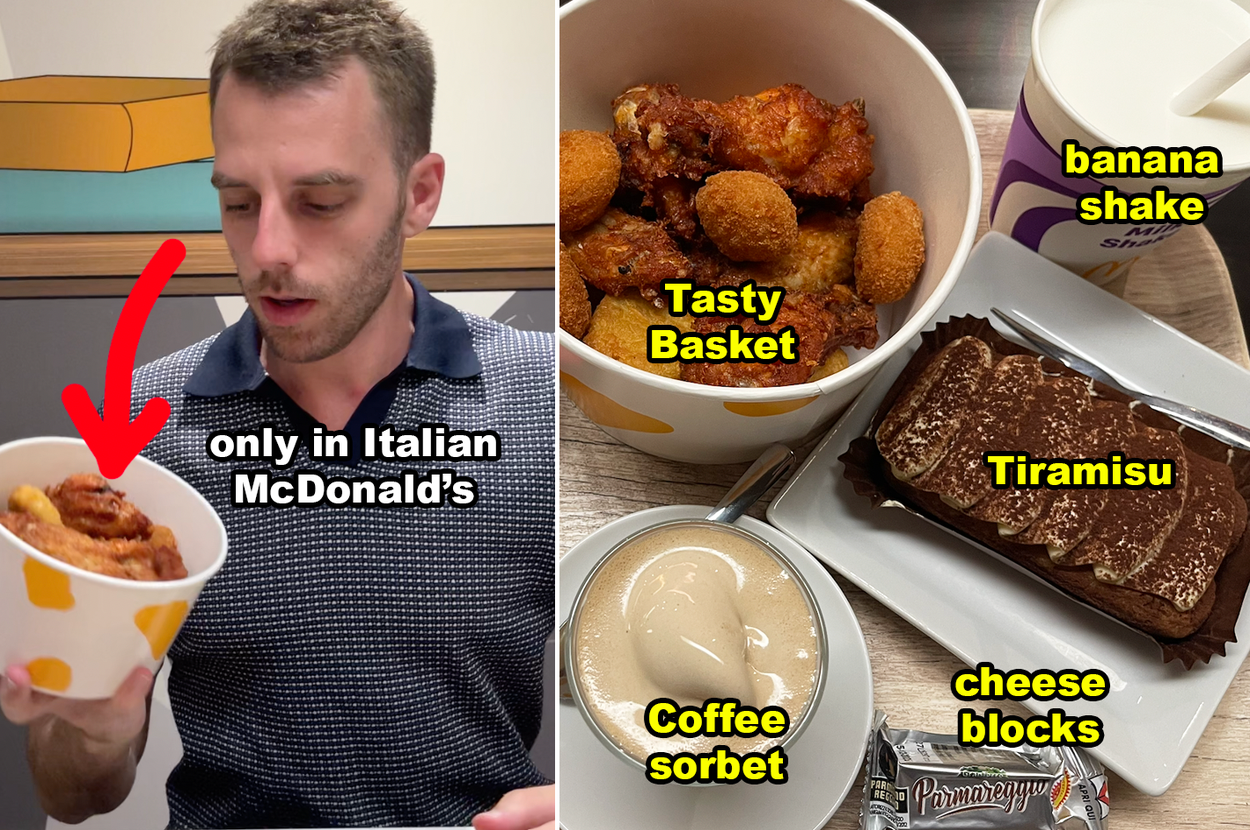 Man holding a McDonald's dish available only in Italy, highlighting unique menu items: Tasty Basket, banana shake, tiramisu, coffee sorbet, cheese blocks