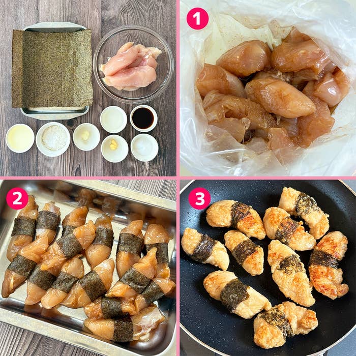 料理の手順画像: 鶏ささみを調味料で漬け込み、のりを巻き、片栗粉をまぶしてフライパンで焼くプロセスを示しています。
