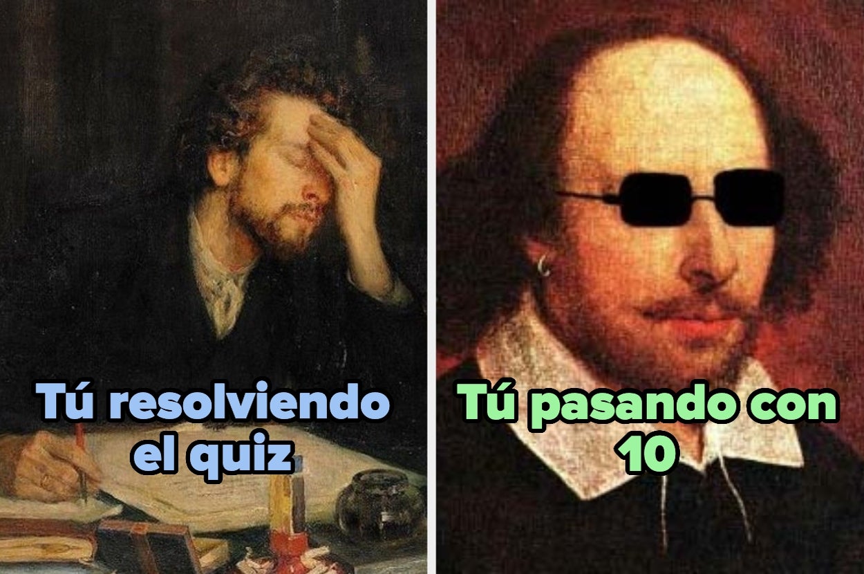 A la izquierda, persona estresada estudiando; a la derecha, retrato de Shakespeare con gafas de sol y texto humorístico sobre aprobar un examen