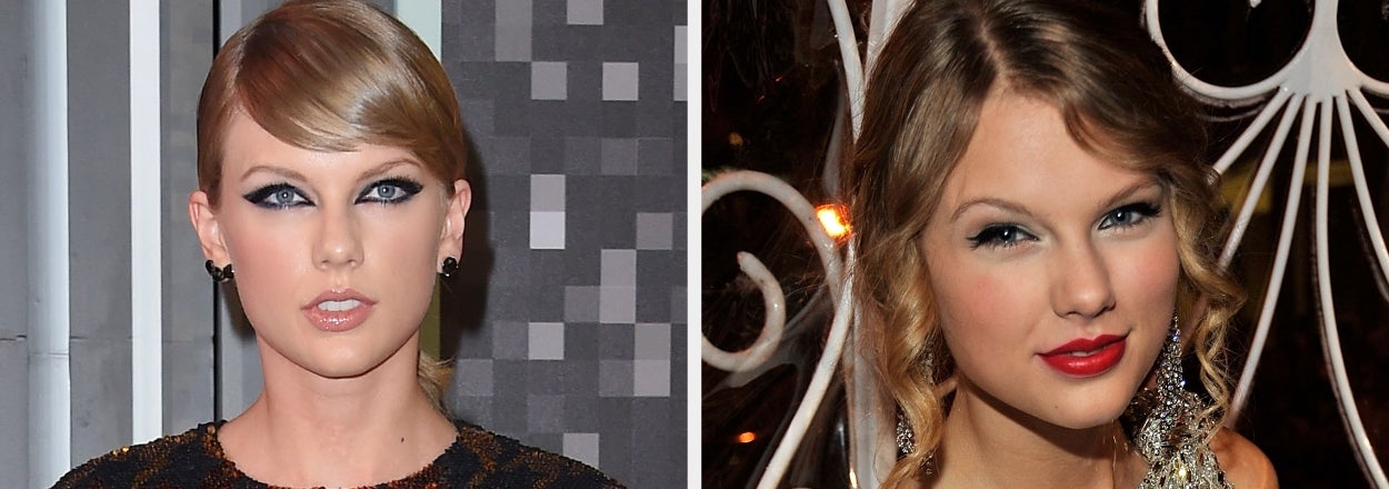 Two images of a woman in glamorous outfits. Left: Crop top with bold patterns. Right: Glittering dress. Both with defined eye makeup