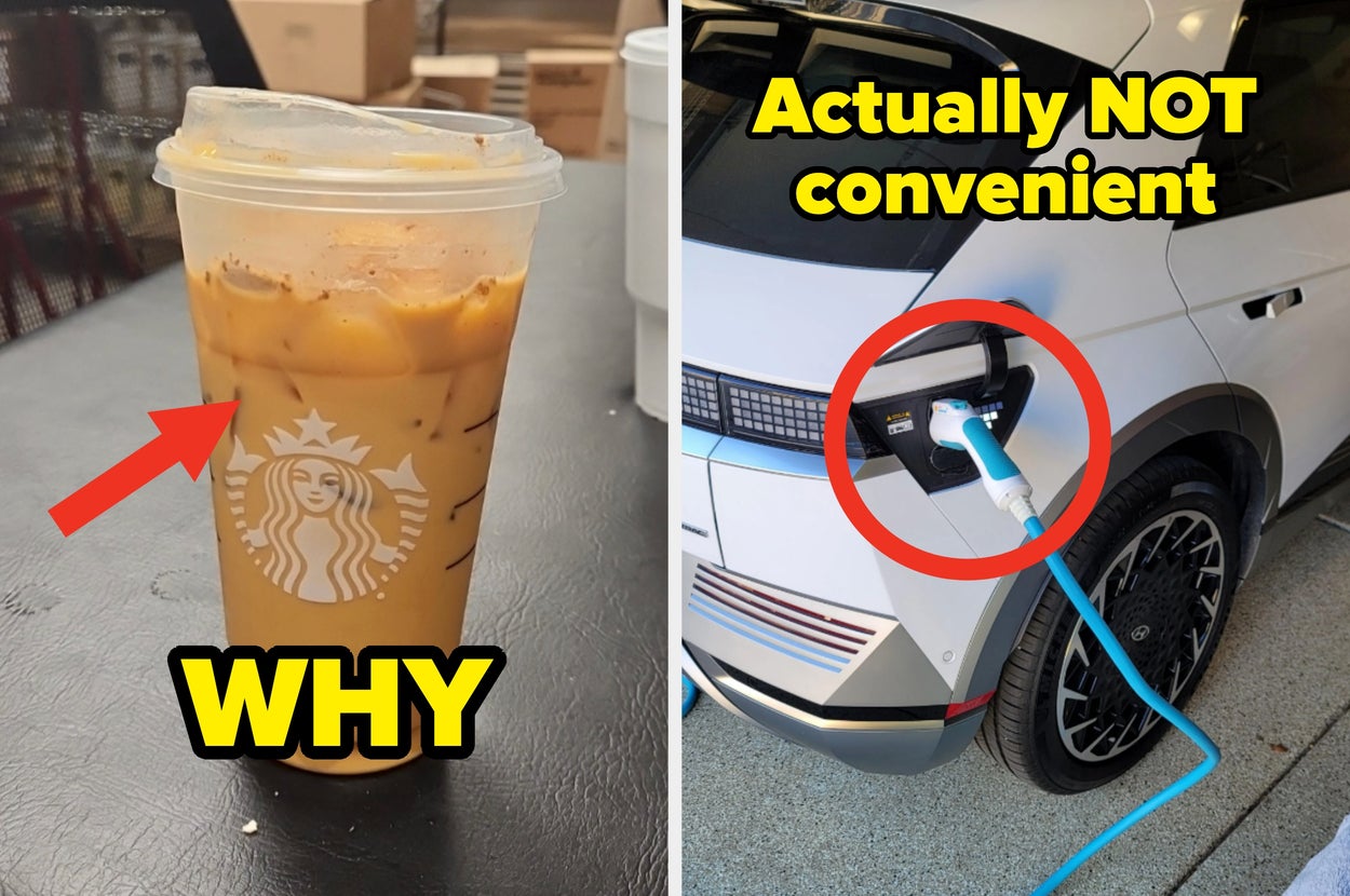 A cup of iced coffee labeled "WHY" with an arrow, next to an electric car being charged, labeled "Actually NOT convenient"