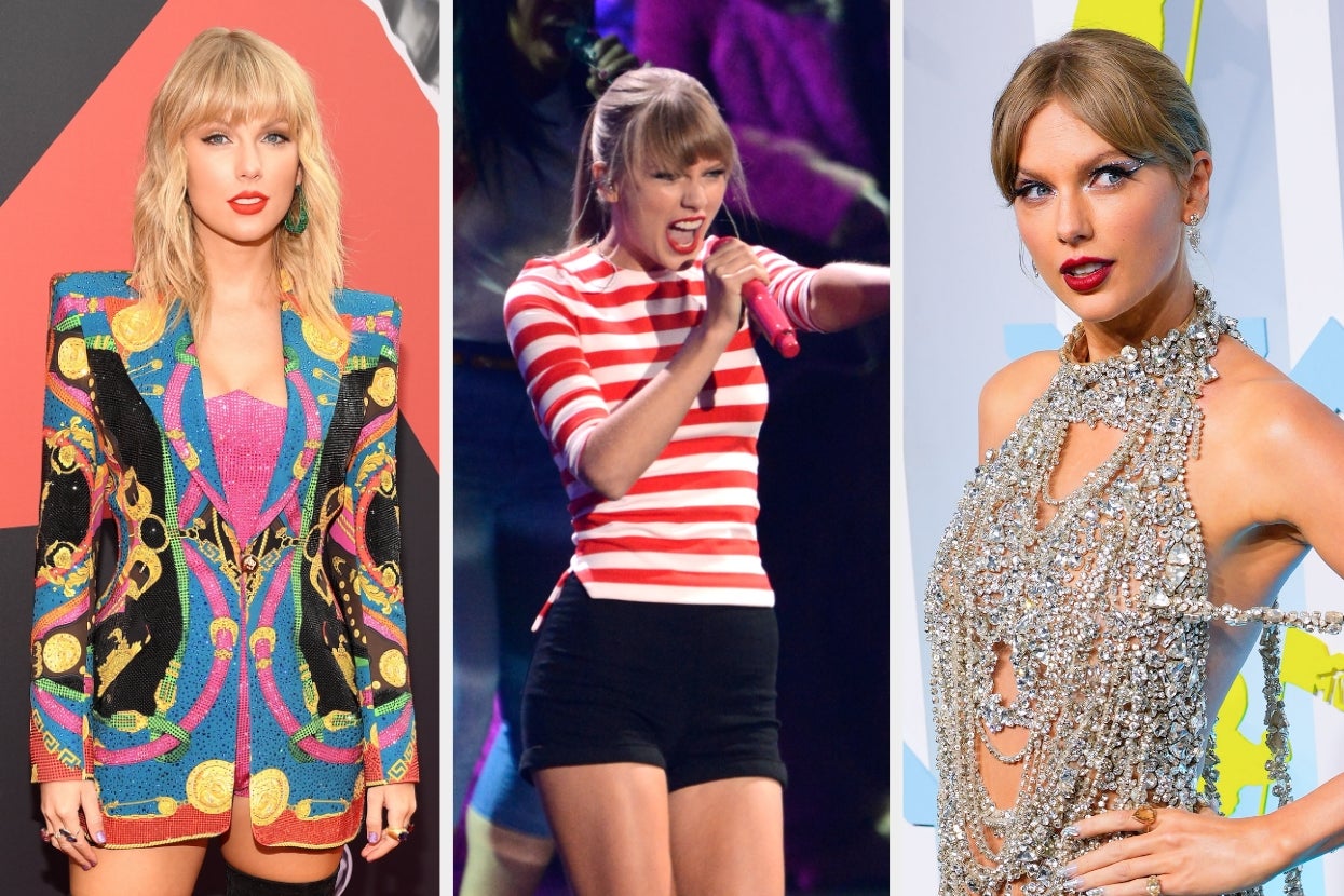 Three images of a female celebrity: wearing a vibrant printed blazer, performing in a striped top and shorts, and in an embellished gown