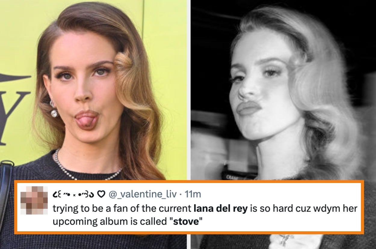 A woman with wavy hair makes a playful face. A tweet jokes about her upcoming album title being "stove."
