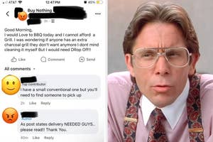 Social media post requesting a free charcoal grill, alongside a meme image of a character with a skeptical expression