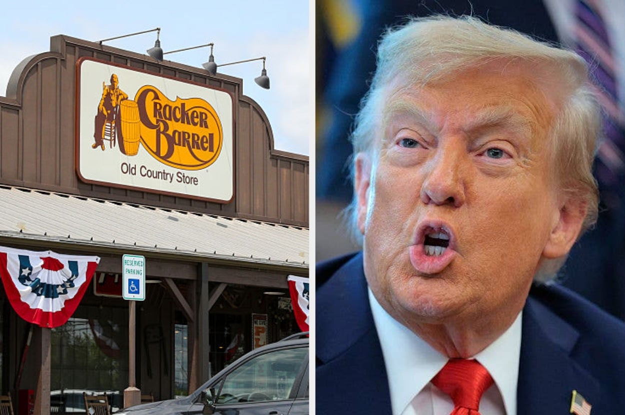 Cracker Barrel storefront with patriotic decorations; man speaking energetically.