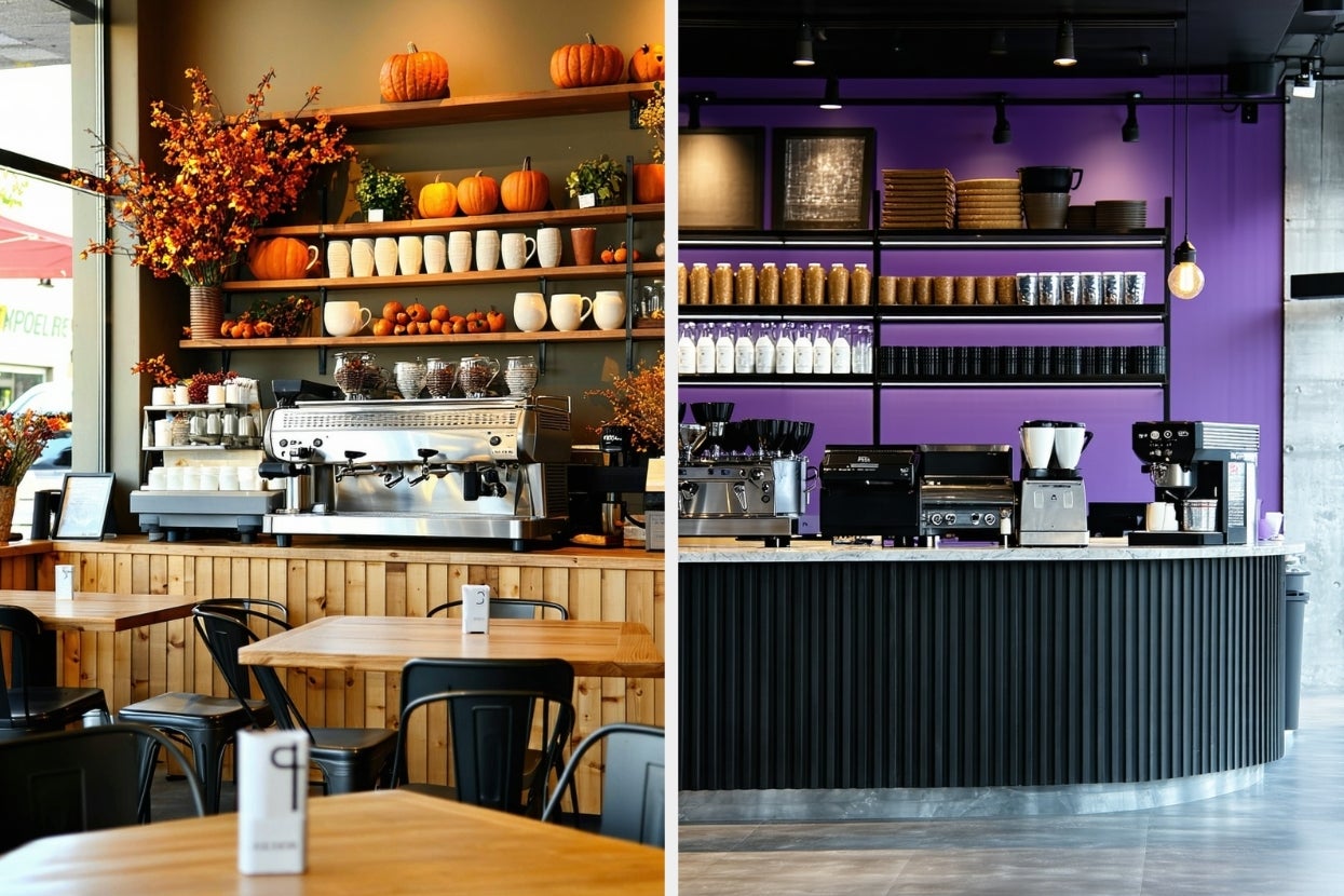 Split image of two cafe interiors: one with autumn decor, pumpkins, and rustic wood; the other modern with purple walls and sleek black counters