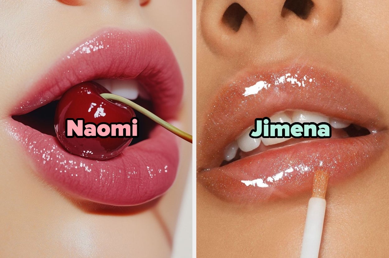 Close-up of two lips: left holds a cherry with "Naomi" text, right has gloss applied with "Jimena" text